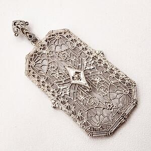 Esemco 10K White Gold Filigree Diamond Pendant Art Deco Genuine Signed Antique